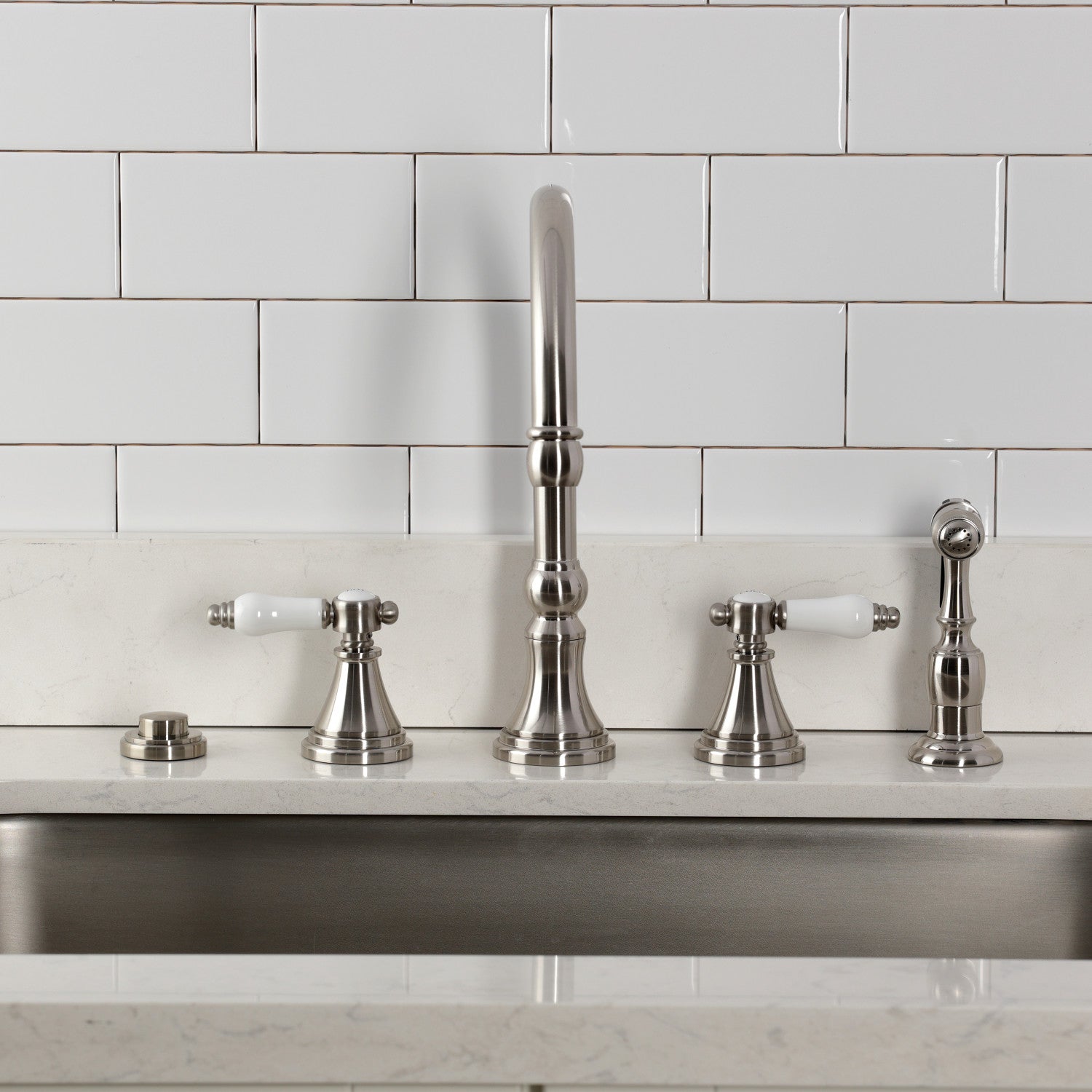 Kingston Tulare KS2798BPLBS - Bel-Air Double-Handle 4-Hole Widespread Kitchen Faucet with Brass Sprayer, Brushed Nickel — thumbnail 3